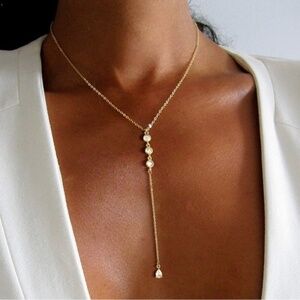 GOLD 14k Plated Diamond CZ Lariat Necklace